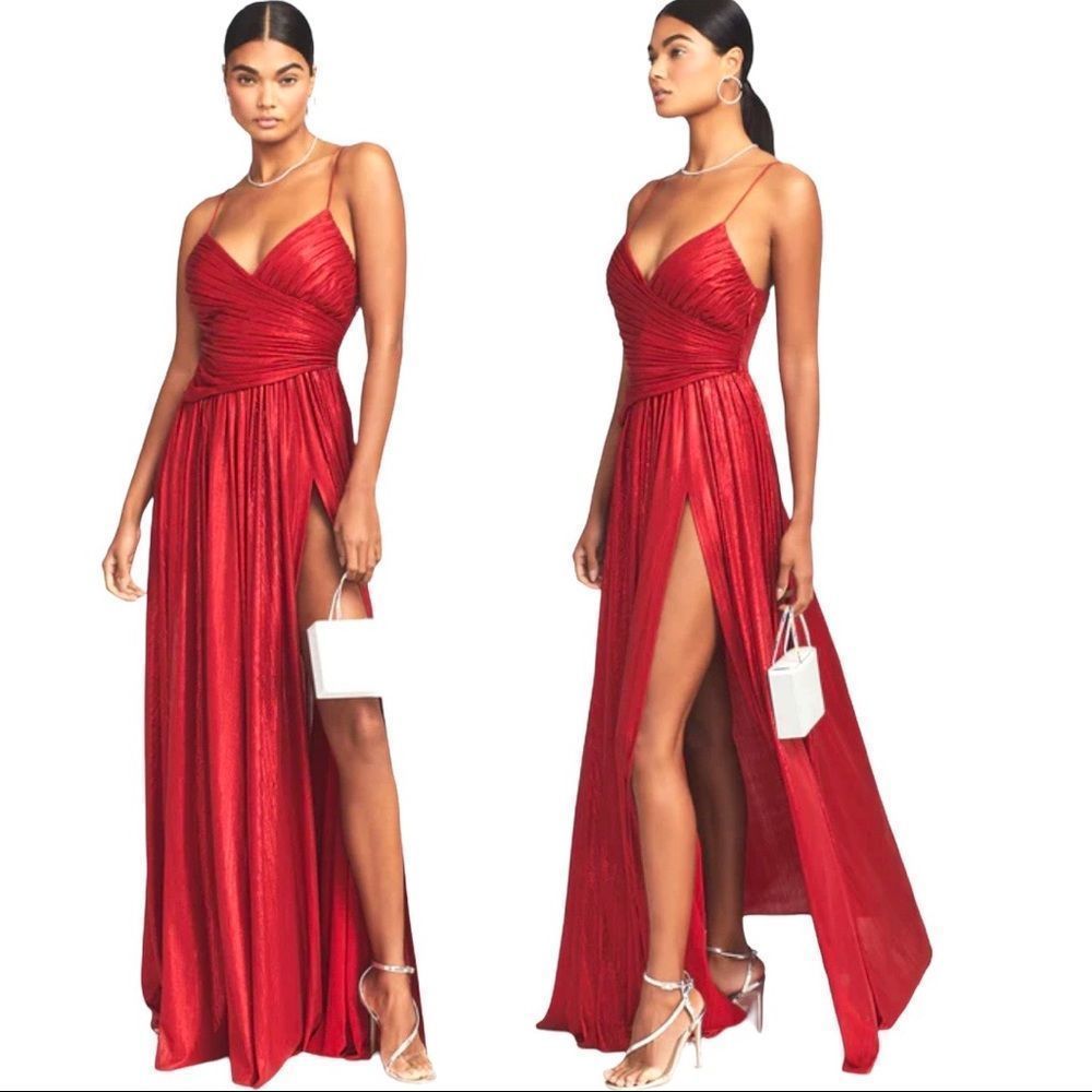 Retrofete Doss Pleated Metallic Lamé Gown Dress